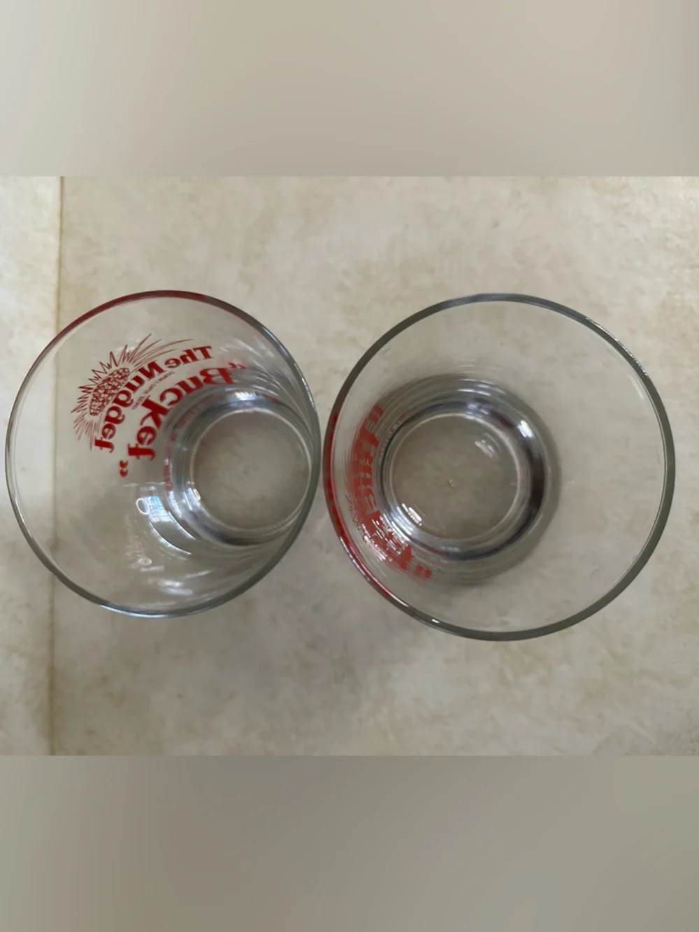 2 Vintage The Nugget Bucket Reno Casino Cocktail Bar Glasses Red Lettering 4.5”